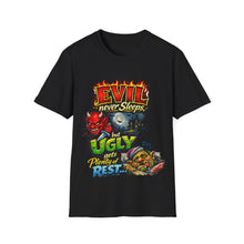 Load image into Gallery viewer, Graphic Tee — "Evil Never Sleeps" Horror Comedy T-Shirt