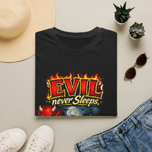 Load image into Gallery viewer, Graphic Tee — "Evil Never Sleeps" Horror Comedy T-Shirt
