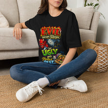 Load image into Gallery viewer, Graphic Tee — "Evil Never Sleeps" Horror Comedy T-Shirt

