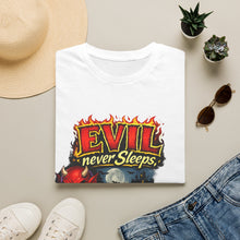 Load image into Gallery viewer, Graphic Tee — "Evil Never Sleeps" Horror Comedy T-Shirt
