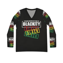 Load image into Gallery viewer, Blackity Black Graphic V-Neck Long Sleeve — "I'm Black Everyday, But Today I'm Blackity Black"
