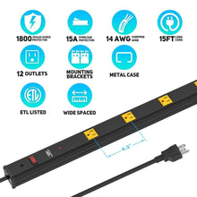 Load image into Gallery viewer, CRST 4.2&quot; Wide Spaced 12 Outlets Mountable Metal Power Strip Surge Protector, 15FT Power Cord, Mounting Brackets Included
